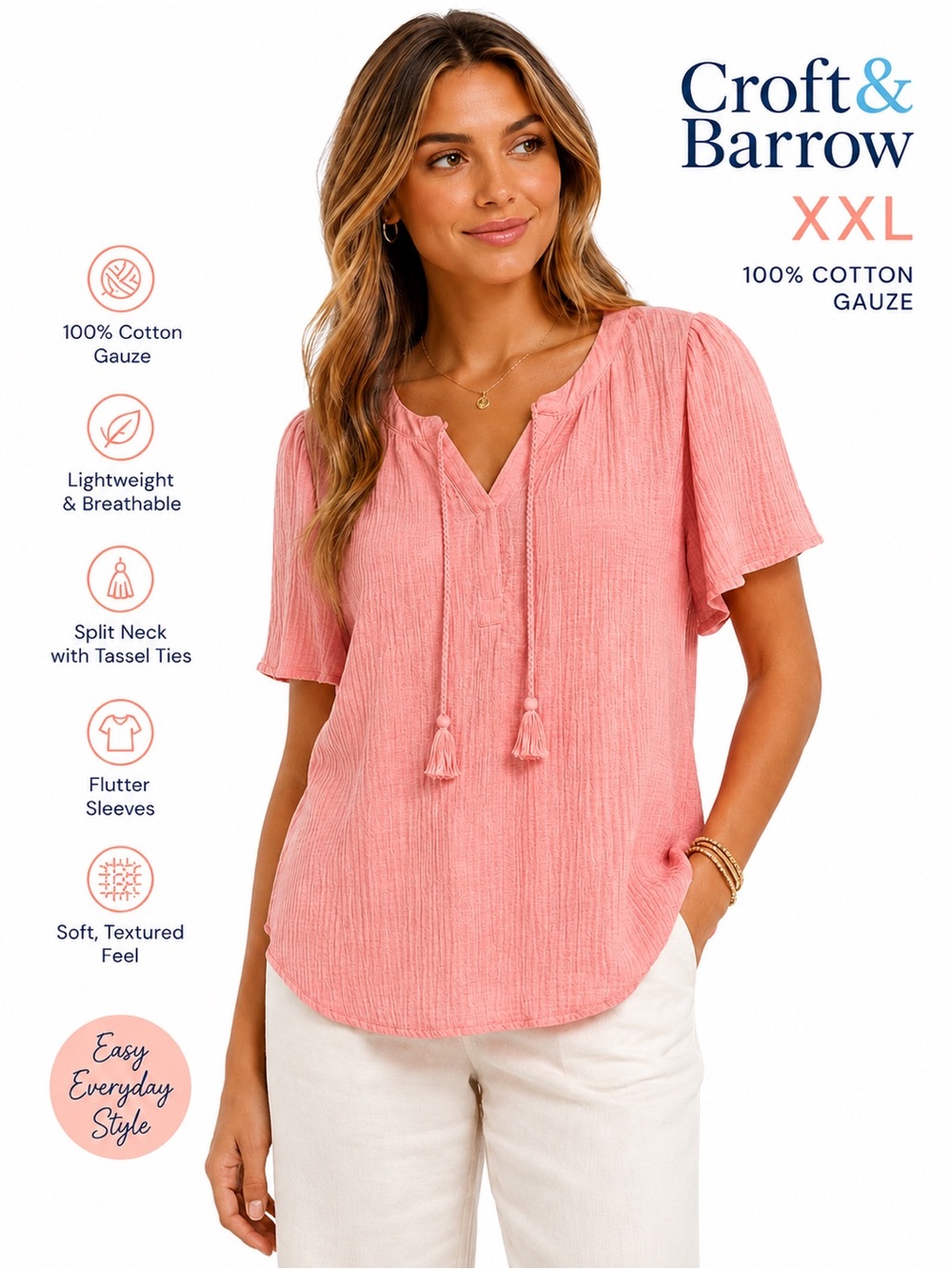 NWT Croft & Barrow 100% Cotton Gauze Salmon Flutter Sleeve Tassel Top XXL
